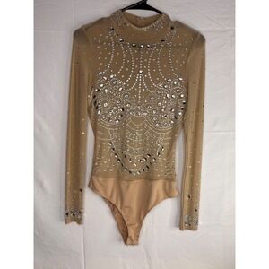 Banjul Tan Sheer Mesh Rhinestone Crystal Mock Neck Long Sleeve Bodysuit